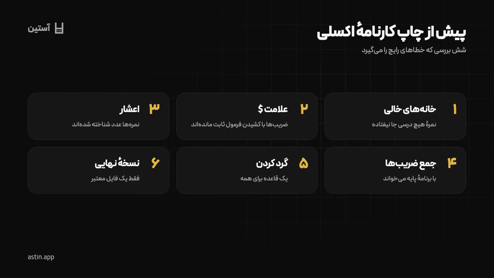 شش بررسی پیش از چاپ کارنامهٔ ساخته‌شده در اکسل