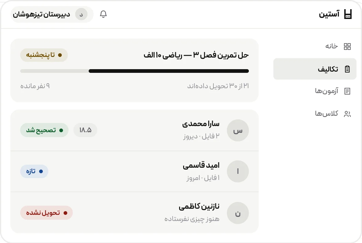 صفحهٔ تکالیف کلاس در آستین با وضعیت تحویل و نمرهٔ هر دانش‌آموز